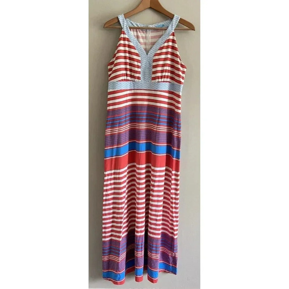 J.McLaughlin Maxi Dress Long Red Blue Cream Stripe Large L - Picture 1 of 6